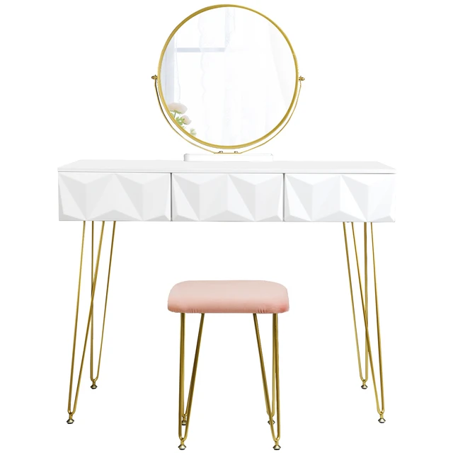White Gold Dressing Table with 360 ° Swivel Mirror Velvet Stool Makeup Cosmetic Vanity Table with 3 Drawers 3D Effect Bedroom white