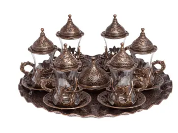 

Handmade authentic Design Turkish Greek Arabic Tea Set for 6 Service Tea, Cups Saucers Lids Tray Delight Candy Dish GIFT