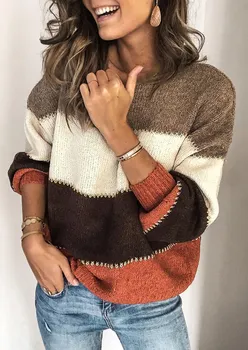 

2020 Autumn Winter Striped Splicing Sweater Women knitted Top Warm Sweaters Casual O Neck Female knitted Sweater Pullovers Tops