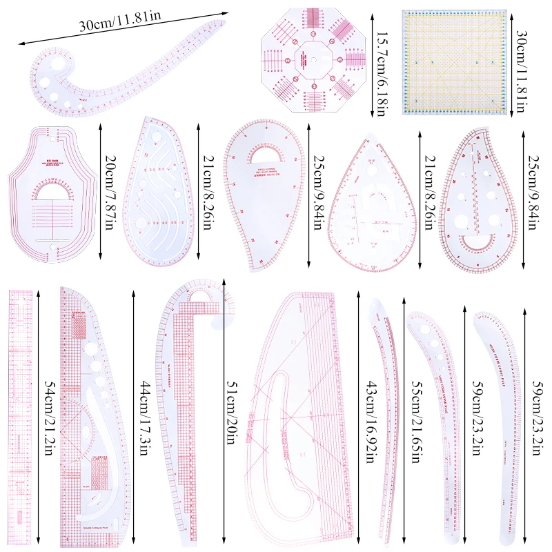 13PCS Styling Sewing French Curve Ruler Set, Dress Makers Ruler Clear  Sewing Tailors Pattern Making Ruler