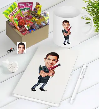 

Personalized Men 'S Barber Caricature Of Nostalgic Lezzetler Notebook Pen Mug Gift set