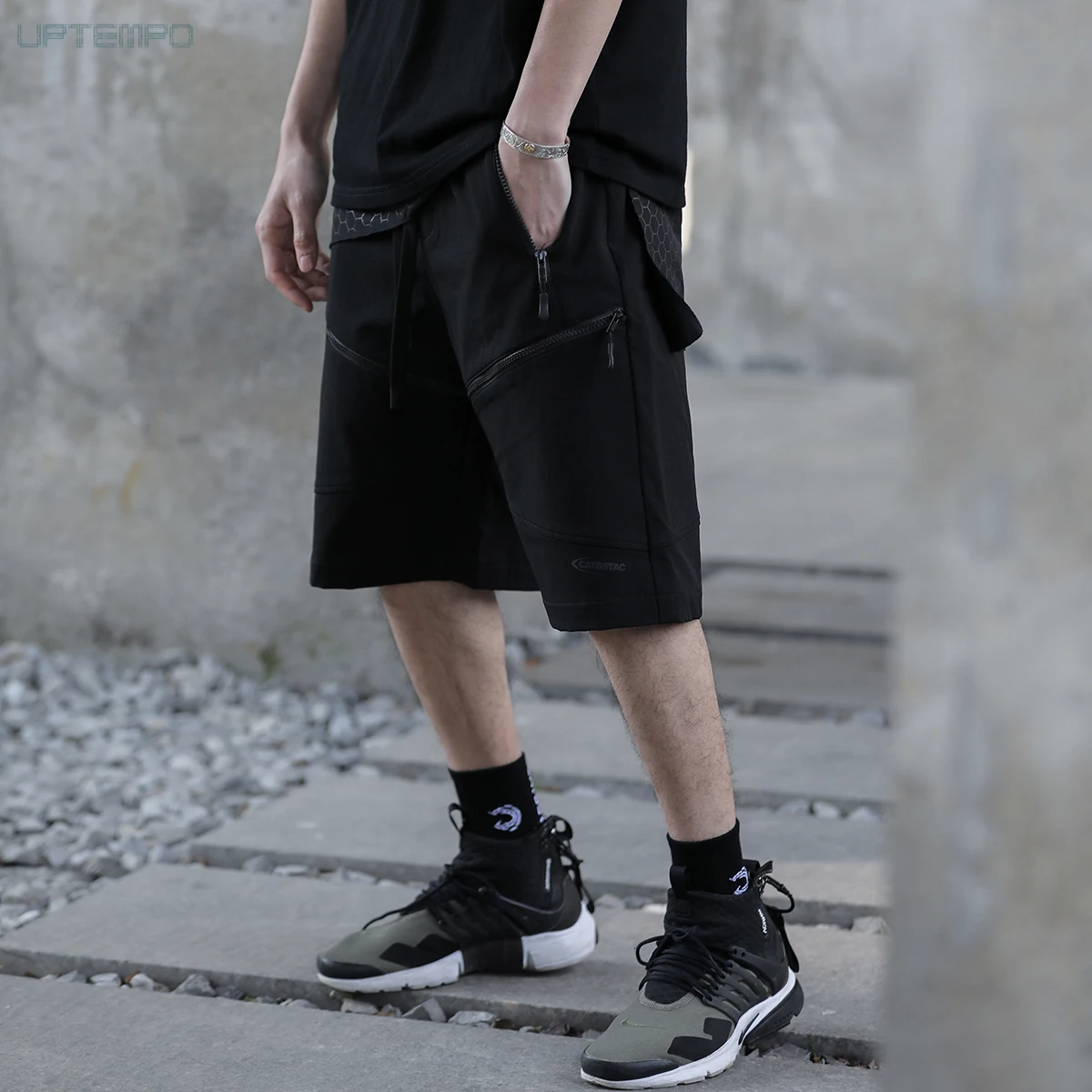 Catsstac pantalones cortos de cintura elástica, múltiples bolsillos, tela elástica de secado rápido, transpirable, estética, warcore, cortos| - AliExpress