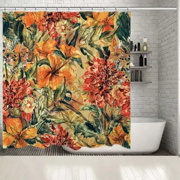 

Shower Curtain Tropical Plants Flowers Leaves Exotic Forest Nature Theme Oil Painting Style Art Orange Green