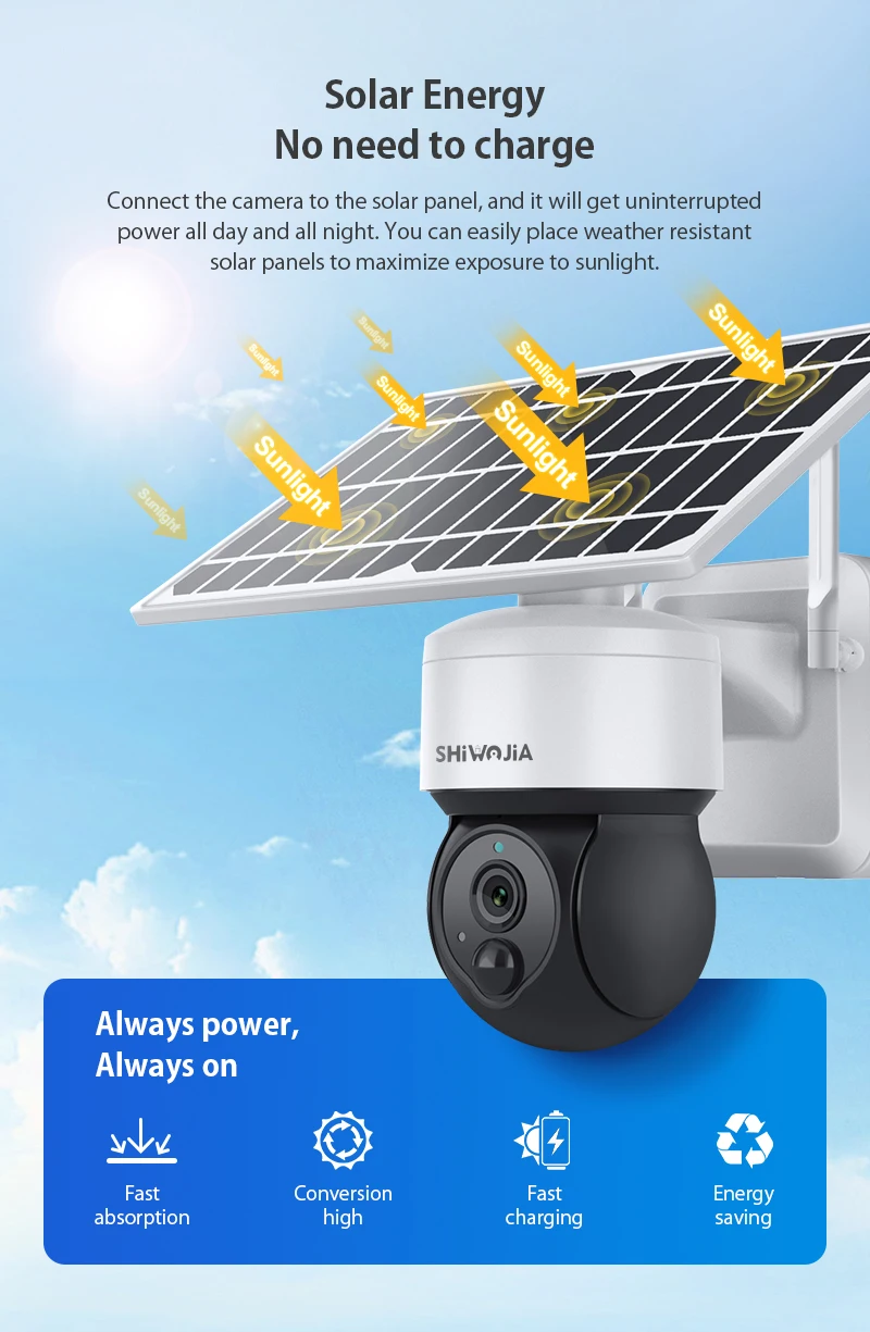 Cámara De Vigilancia Solar WiFi 2K 3MP | SHIWOJIA | 360° PTZ | Visión Nocturna Color | Audio Bidireccional | IP65 | Compatible Tuya