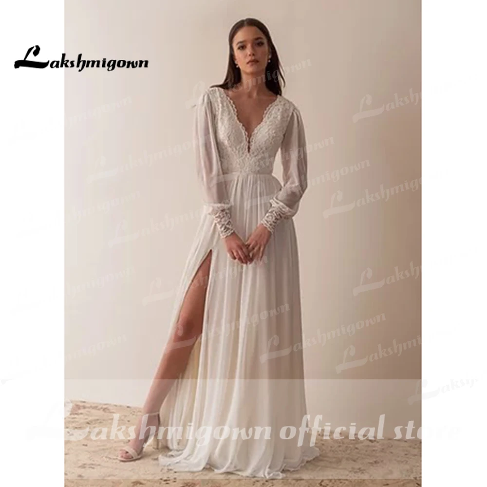 reception dress for bride Lakshmigown Ivory Lace Chiffon Long Sleeves V-Neck Split Skirt Boho Beach Wedding Dresses Vestidos Long Beach Bridal Gown bridesmaid