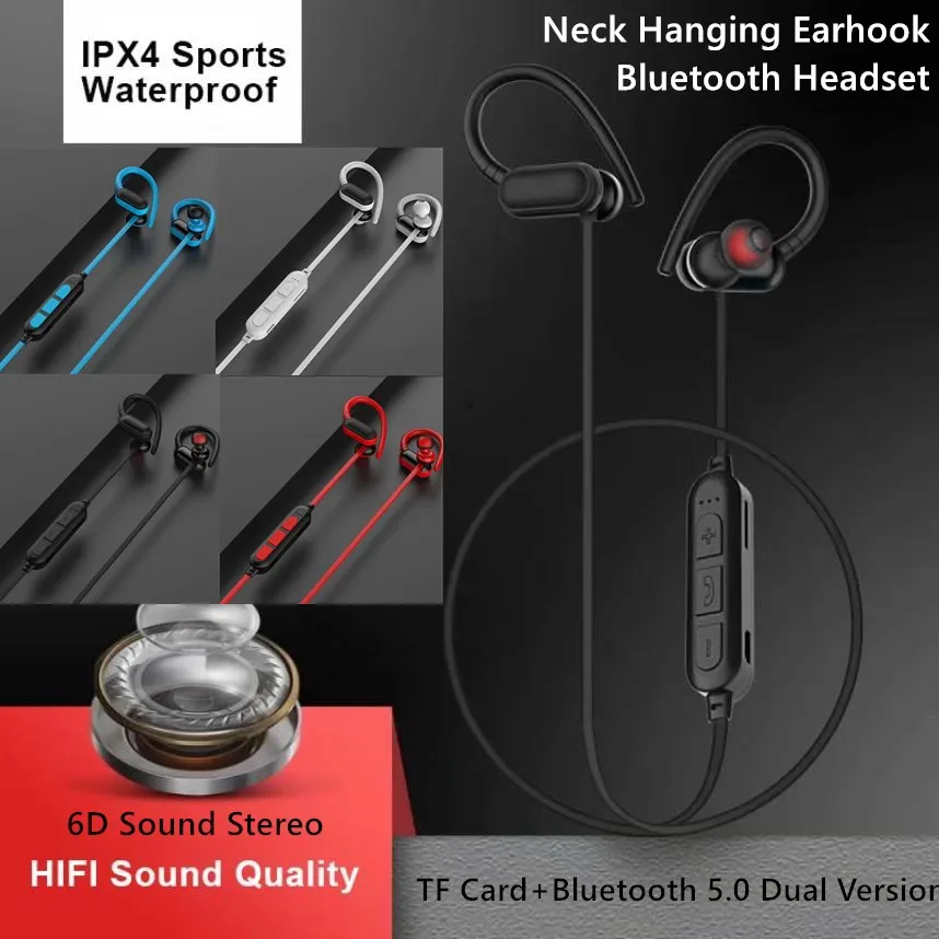 Wired Neck Hanger Earhook Bluetooth Headset 6D Sound Stereo Headphone TF Card Bluetooth 5 0 Dual use Version Waterproof Earphone