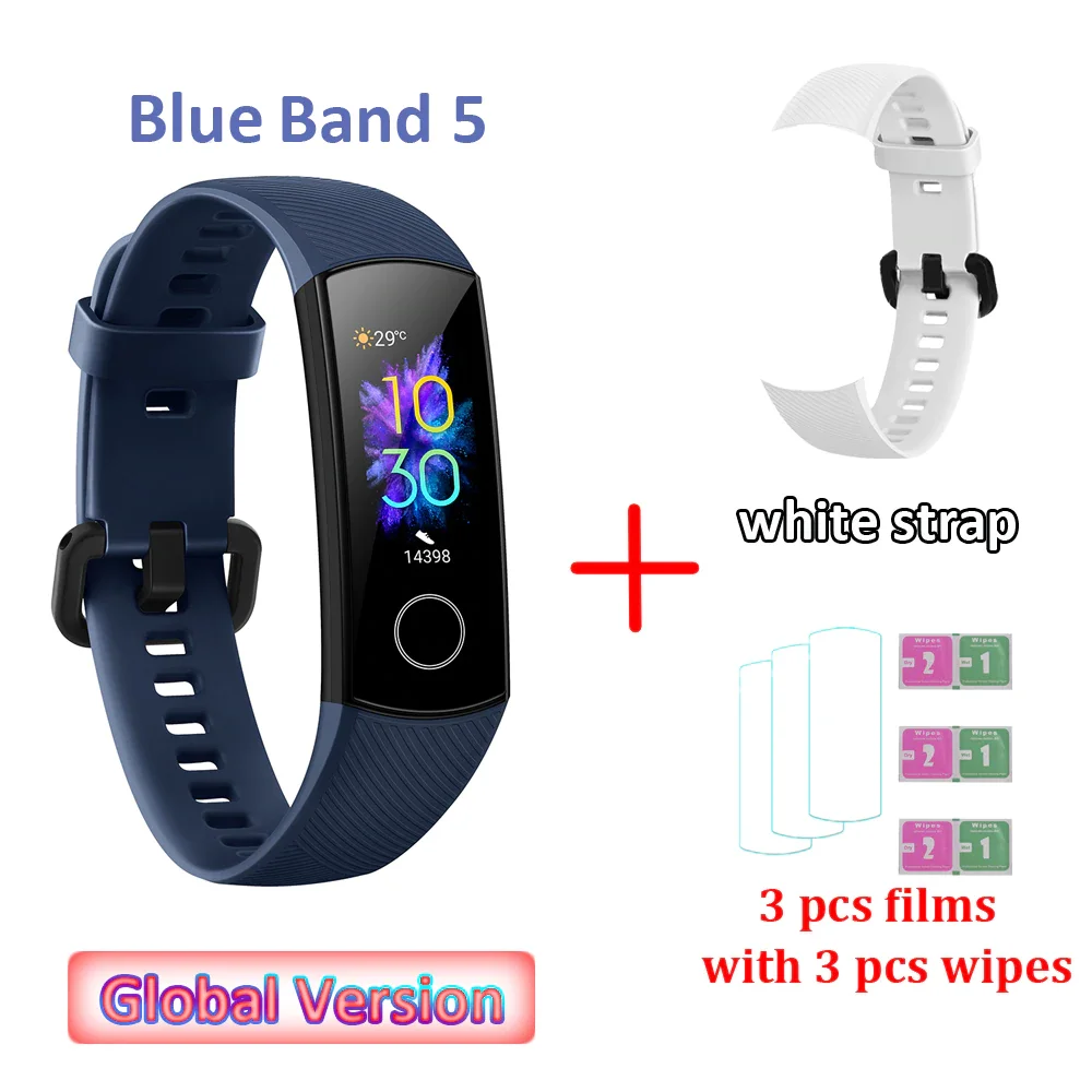 Global Versio huawei Honor Band 5 4, умный Браслет, умный браслет, шагомер, сенсорный экран, для плавания, сердечного ритма, сна, монитор - Цвет: W strap and 3 films