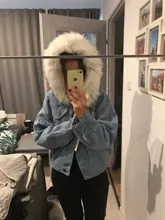 Short Coat Denim Jacket Elexs Korean Big-Fur-Collar Velvet Female Thick Student Winter