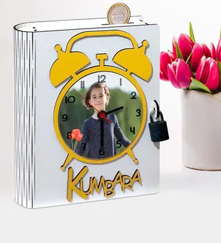 

Personalized Photo Wooden Clock Piggy Bank-White