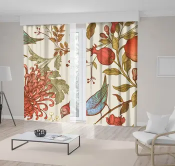 

Curtain Pomegranates Branches Leaves Chrysanthemum Flowers and Birds Pattern Japanese Vintage Art Green Blue Red