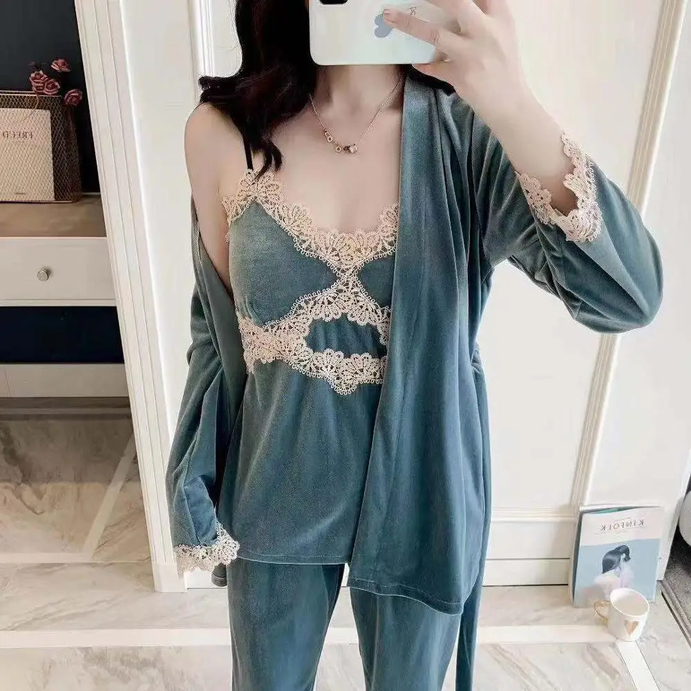 blue lounge wear Высокое качество одежда осень зима фланелевая кружевная Пижама домашняя одежда Женский комплект 3 шт - Цвет: blue lounge wear