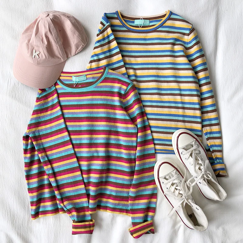 2019 Korean Harajuku Kpop Contrast Color Stripe Stretch Slim Round Neck Long-sleeved Sweater | Женская одежда