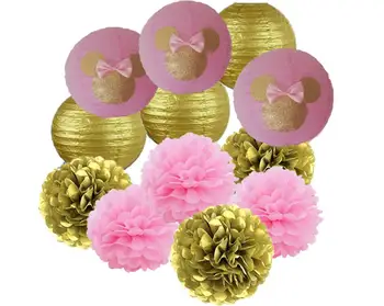 

pink and gold Party Decor 12pcs Pink Gold Minnie Paper Pom Poms Paper Lanterns, pink and gold Minnie Mouse birthday Decor