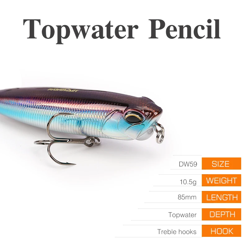 【topwater 】 TSURINOYA Floating Fishing Lure Topwater Pencil DW59 85mm 10.5g