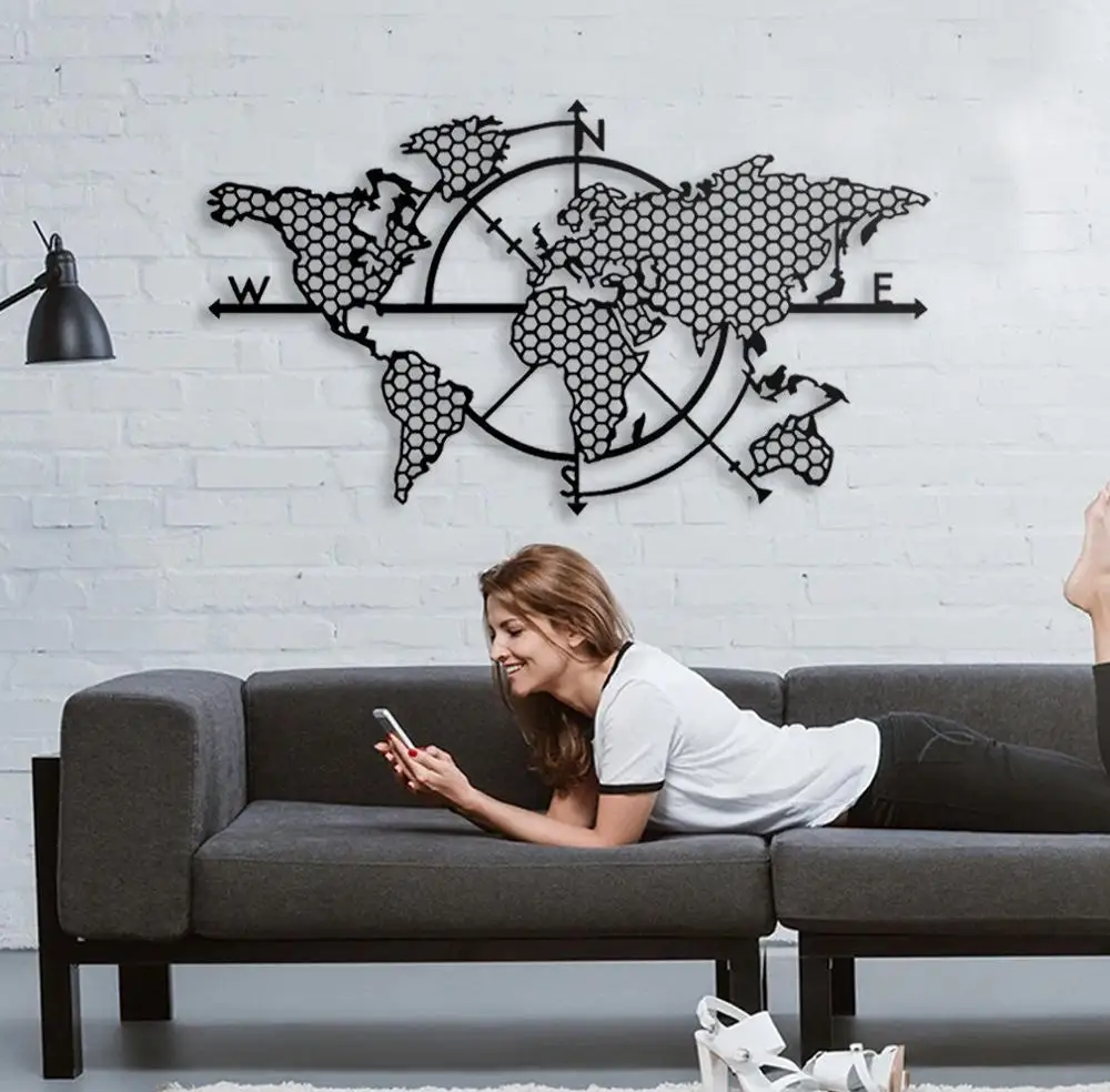 World Map Compass Metal Wall Decor Metal Wall Art Decor 3D Metal Sculpture Metal Wall Decor for Home Office Bedroom Living Room
