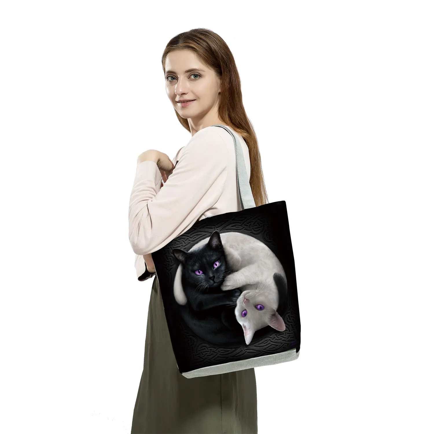 2022 Cool Fashion Handbag Female Cats Print 3D Tote Travel Women Shoulder Bag Foldable High Capacity Shopping Bag Custom Pattern