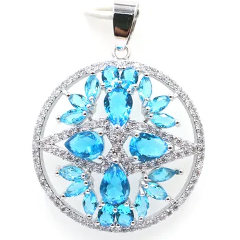 

39x30mm Romantic Round Created Paris Blue Topaz Zircon Woman's Making Jewelry Silver Pendant
