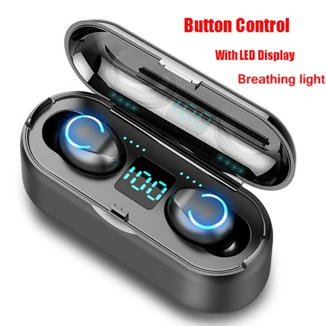 breath light button HKFZ Беспроводные наушники Bluetooth V5.0 F9 TWS, беспроводные Bluetooth наушники, светодиодный дисплей, 2000 мач, внешний аккумулятор, гарнитура с микрофоном - Цвет: breath light button
