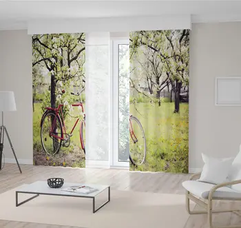 

Curtain Vintage Bicycle Waiting Near Tree Against Spring Nature Remantic Scene in Green and Red Picture