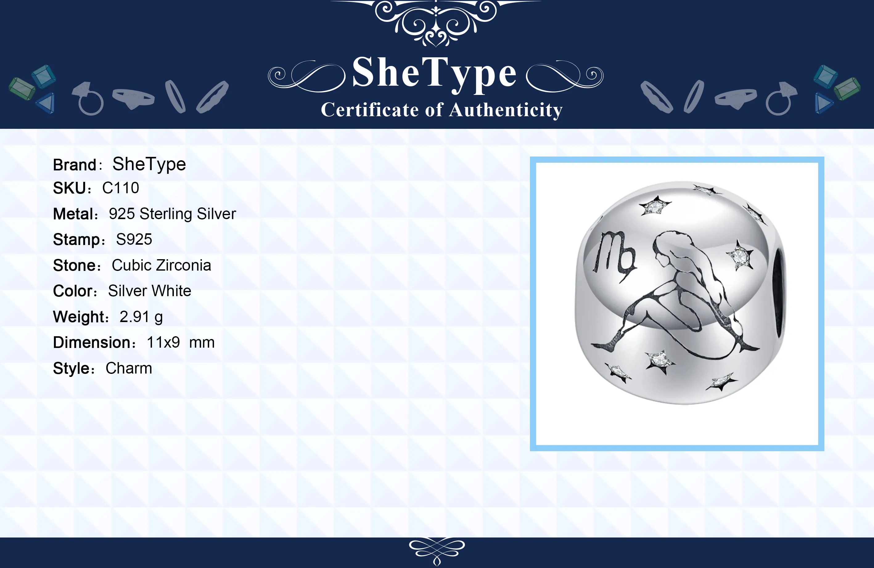 SheType 12 созвездий Круглые бусины для женщин ювелирные изделия знак воды Созвездие ясная Звезда Шарм 925 Твердое Серебро