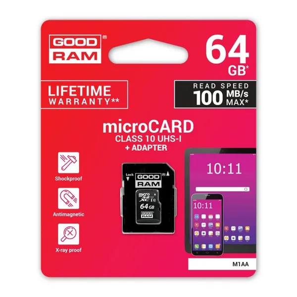 Карта памяти Micro SD с адаптером GoodRam M1AA 64 Гб черный