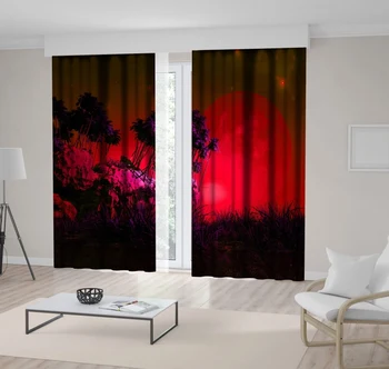 

Curtain Starry Summer Night With Super Moon Trees in Grasses Wild Nature Fantasy Landscape Red Purple Black