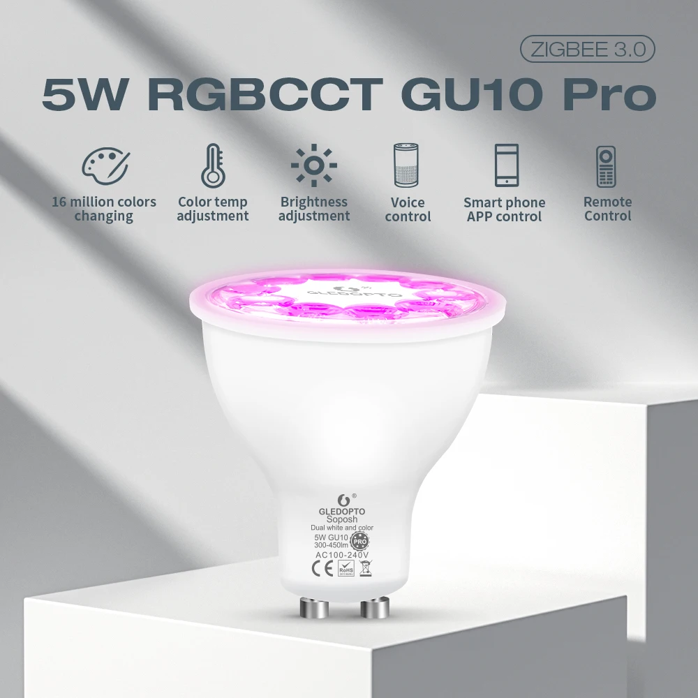 Gledopto Gu10 Faretto A Led 5W Zigbee 3.0 Plafoniere App/Alexa Voice/Telecomando Rgbcct Spot 30 Angolo Del Fascio Lavoro Con Hub