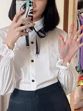 Nuevo Arco lindo viento de la Universidad camiseta mujer manga blusa de las mujeres uniforme Harajuku camisa de encaje blanco blusas Mujer Tops