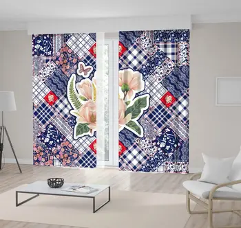 

Curtain Checkered Fabrics Blooming Cherry Wildflowers Floral Motifs Patchwork Style Artwork Blue White