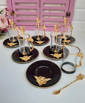 

Handmade authentic gold silver Anatolian Arabic Turkish tea cup and supports seti türkiye'de for six people made