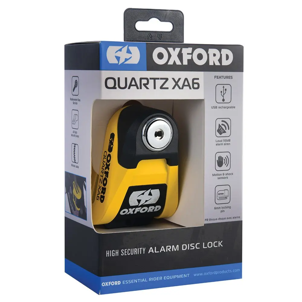 Broche 6mm Jaune Noir USB Rechargeable Oxford LK215 Quartz XA6 Moto Scooter Alarme Disc Lock