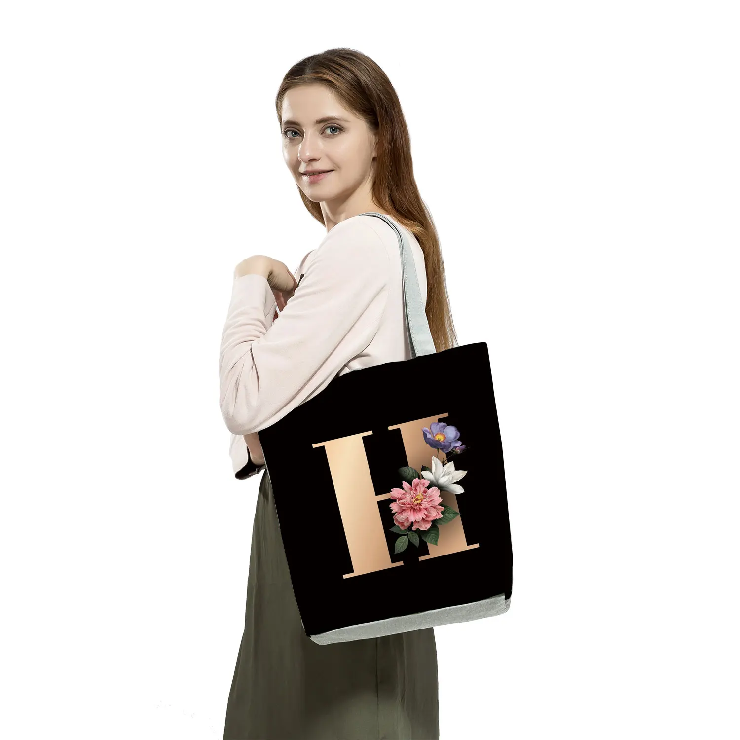 Gold Letter Floral Printing Black Shopping Bag Ladies All-match Handbag Foldable Shopper Harajuku Style Bag Eco Student Tote Bag