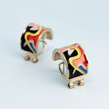 

Beautiful half-round stud earrings red enamel yellow curl (52436)