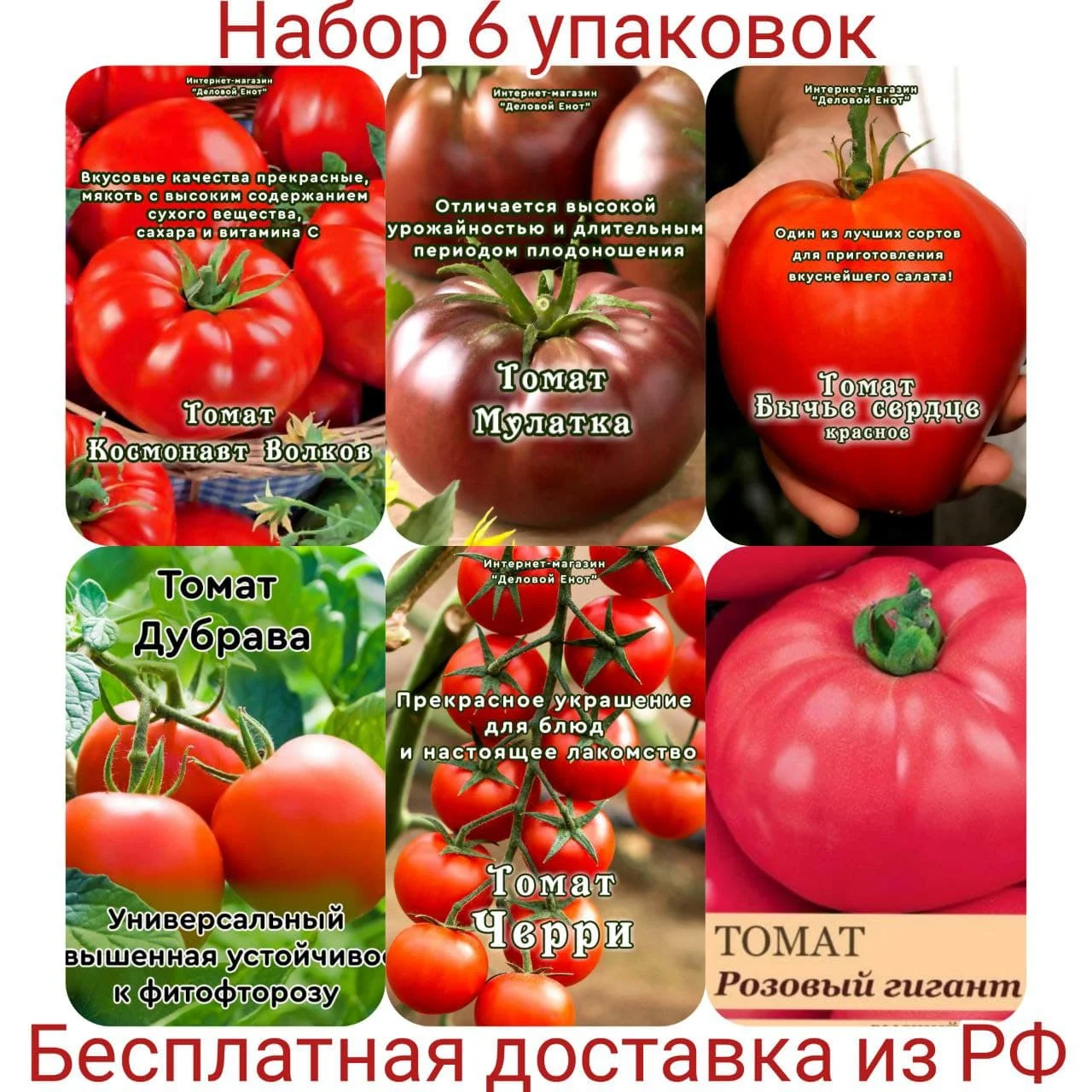Tomato mulatka Bull heart red cosmonaut wolves Dubrava (Oak) pink giant cherry set of tomato seeds 6 packs (flutes) | Дом и сад