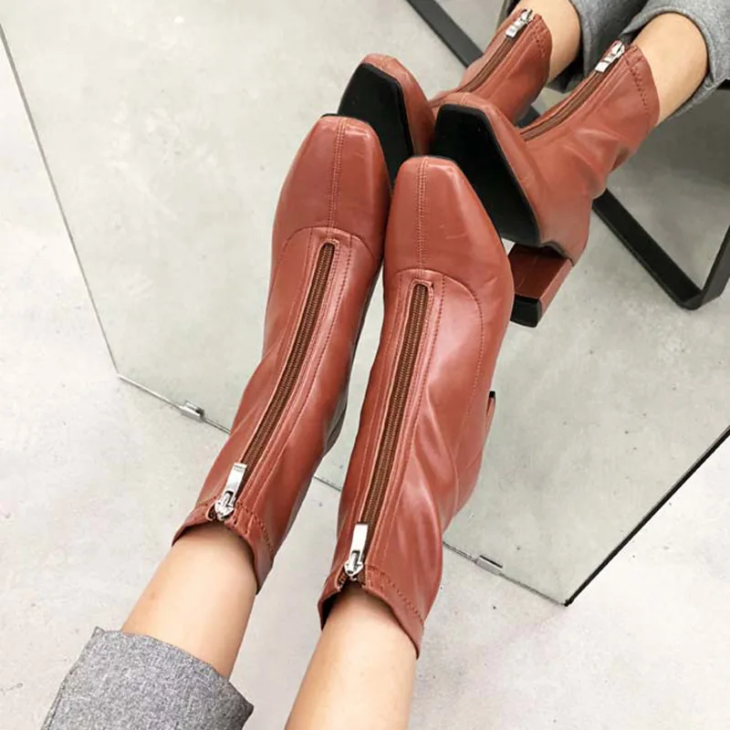 BHS/9011191 шикарные эластичные Кожаные стильные женские ботинки с квадратным носком на молнии спереди и массивном каблуке 6 см из свиной кожи с плюшевой подкладкой