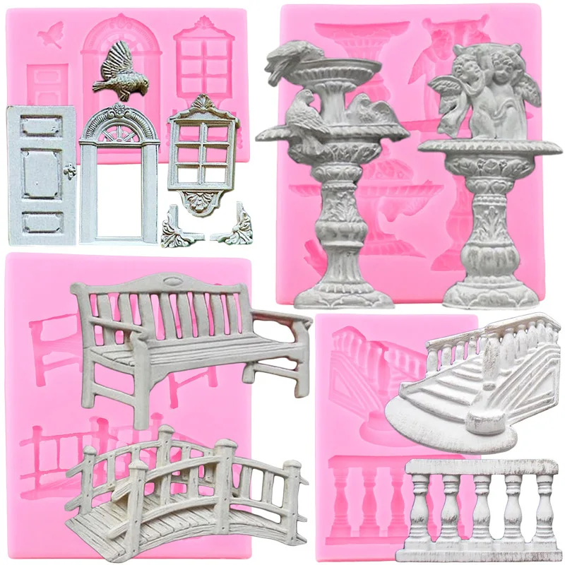 Fairy Garden Fountain Bridge Bench Silicone Mold Door Window Fondant Molds Cake Decorating Tools Chocolate Dessert Candy Moulds