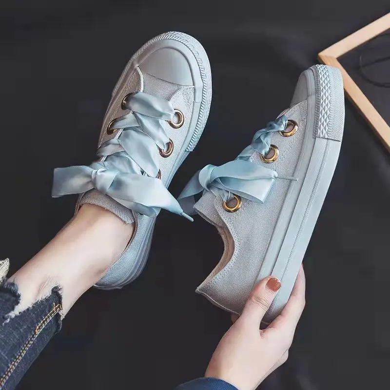 2021 New Canvas Shoes Versatile Laces Light Color Solid Color Cute Trend Casual Flat Bottom Low Top Women's Vulcanized Shoes 