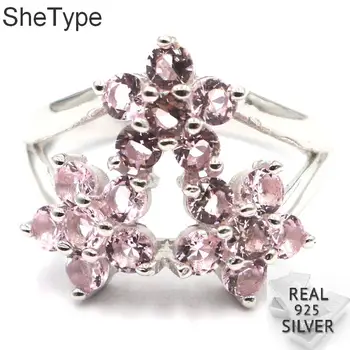 

18x18mm Romantic Flower Shape 4.7g Created Pink Kunzite Gift For Sister 925 Solid Sterling Silver Rings
