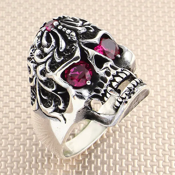 

Vampire Dracula Skull Silver Ring With Red Zircon Stone Men Silver Ring Made In Turkey Solid 925 Sterling Silver