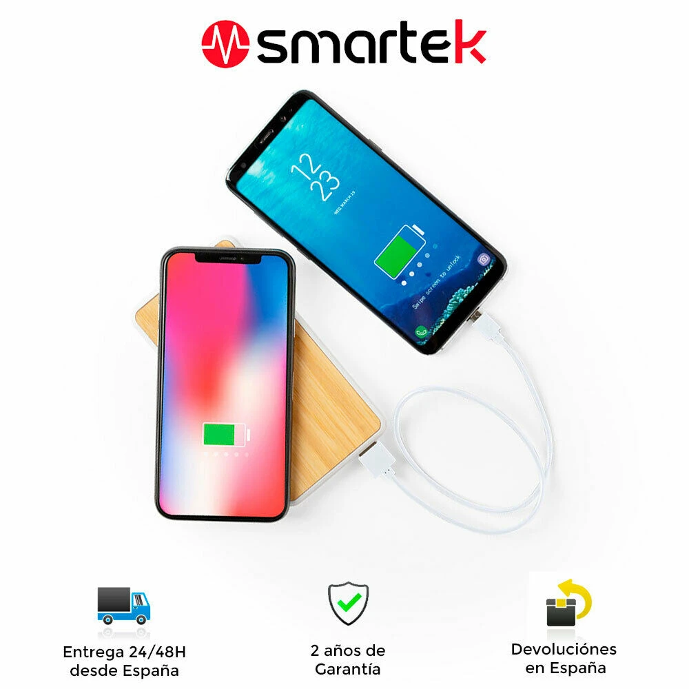 Batería externa inalambrica 8000mAh power bank Smartek SMTK 6273, USB. Entrada Micro USB, Tipo C, Bambú, movil, tablet|Cargador portátil| -