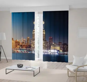 

Curtain Composite Day to Night Timelapse the with Full Moon Rising above New York City Skyline Blue Yellow Photo