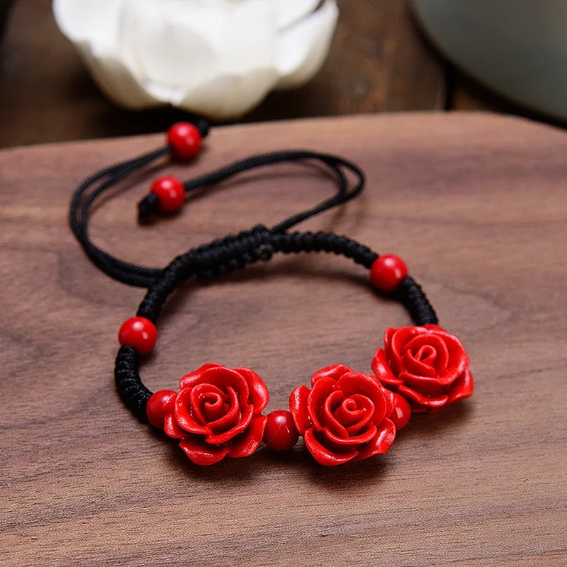 Charme Rote Rose Armband Für Frauen Handgemachte Lack Geschnitzte Zinnober Blume Einstellbare Seil Perlen Armband Ethnische Zubehör – Detail 7