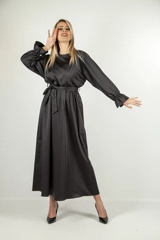 

Women's long bat sleeve Articulated gusset kemerli Bicycle Neck Satin Dress 9403280