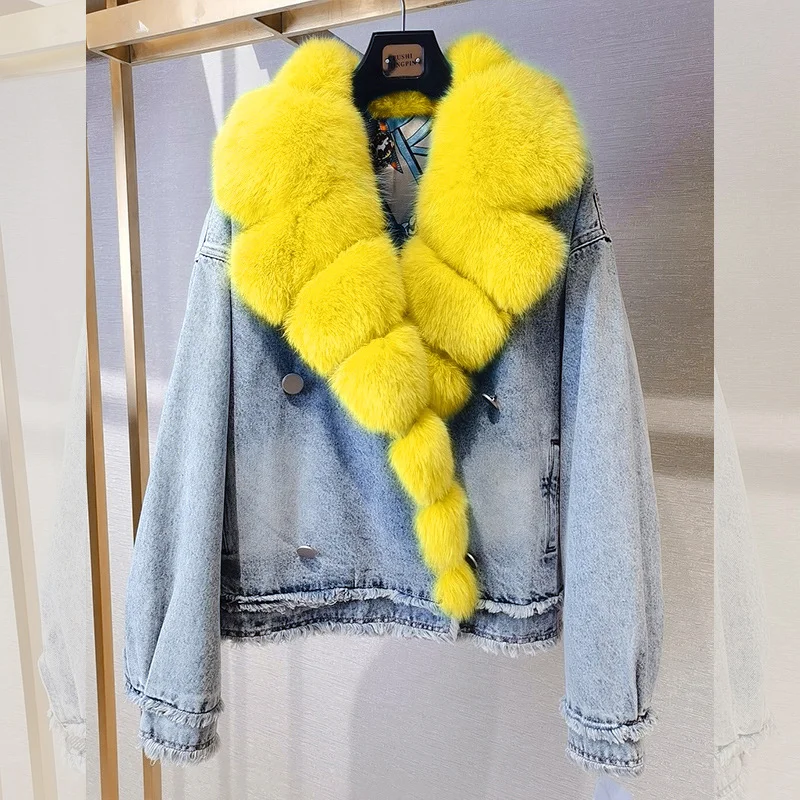 Denim Coat with Real Large Fox Fur Collar for Women, Furry Jacket, Fluffy Suit, Luxurious Brown and Yellow Coat, Winter Fashion