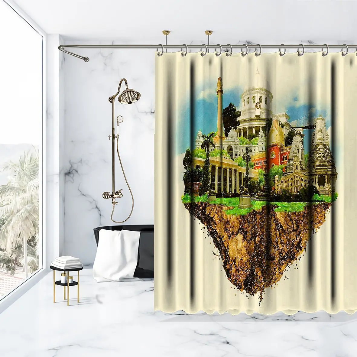 Город Колката Акварельная живопись открытка пейзаж иллюстрация коричневый зеленый синий занавеска для душа