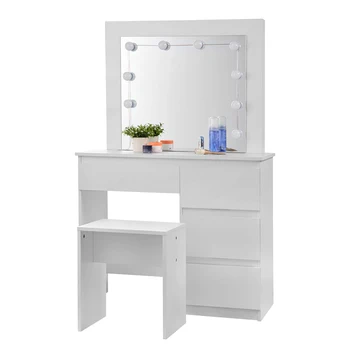 WOLTU 1SET White Dresser Girls Women Dressing Table with Light Mirror Stool Cosmetic Table with 4 Drawers Makeup Vanity Bedroom