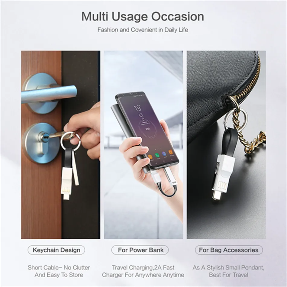 3 в 1 USB кабель Micro usb type C кабель освещения для iPhone XR X samsung S9 HUAWEI Xiaomi Мини Брелок Зарядное устройство кабели для зарядки