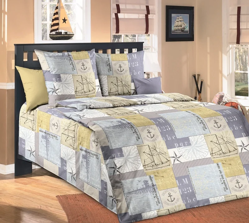 

IV Caravell sea ships beige Cotton percale Twin Bedding Set for Children Kids Boys Girls Gift Duvet Cover BedSheet Pillowcase