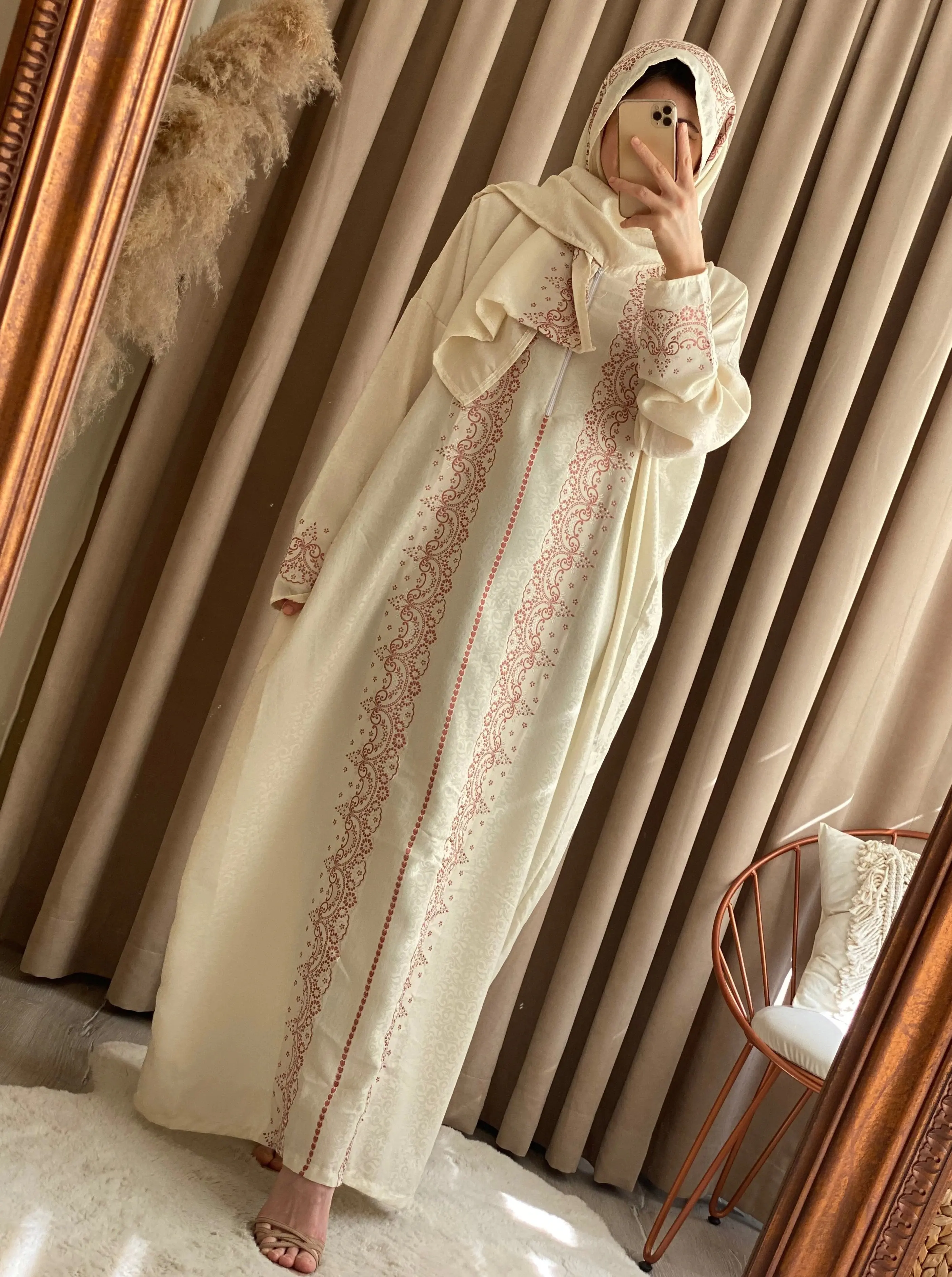 Prayer Set Cream Muslim Prayer Dress, Prayer Rug,  Rosary Kim Qiblah Mecca / Medina