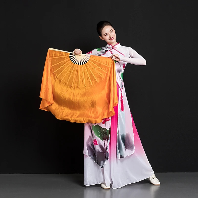 Китайский стиль, Шелковый Танец-веер, двусторонний, для взрослых, Yangko, для выступлений детей, танцевальный веер, оранжевый цвет, квадратный реквизит для сцены